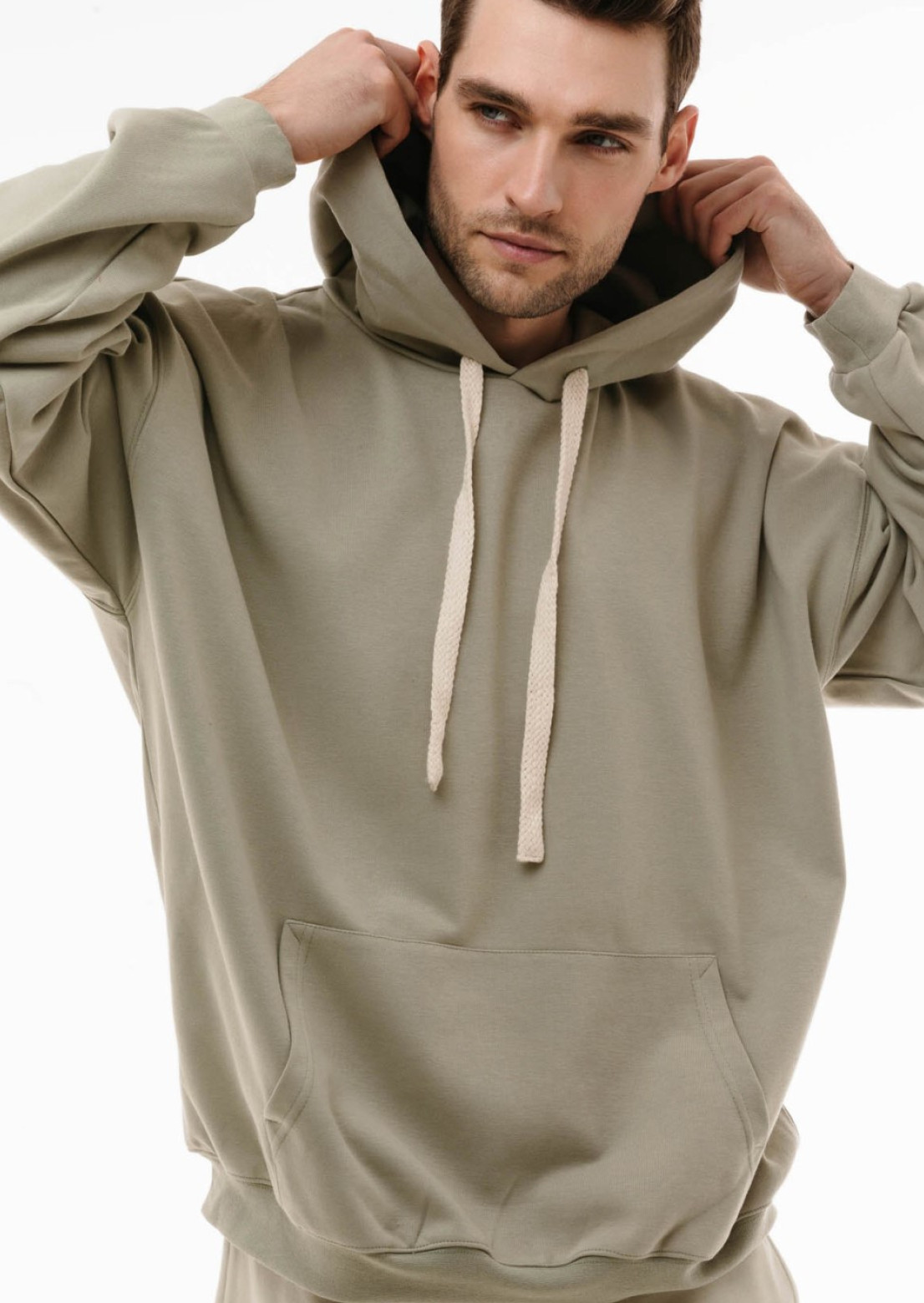 Light khaki color men three-thread hoodie